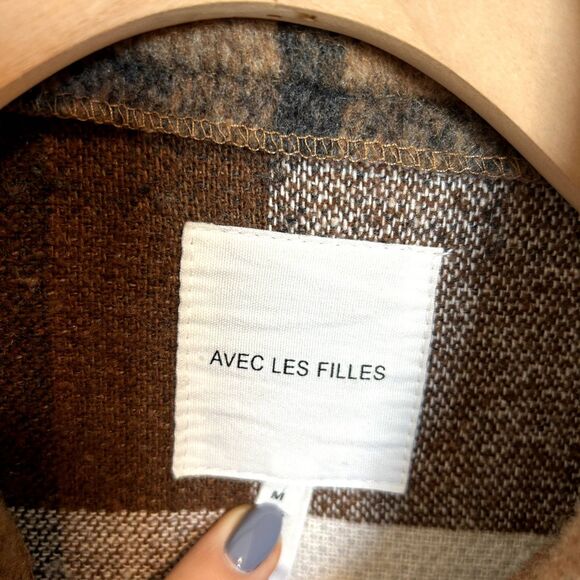 Avec Les Filles Womens Plaid Shacket Cognac Brown Jacket Size Medium Long Sleeve - Picture 5 of 15
